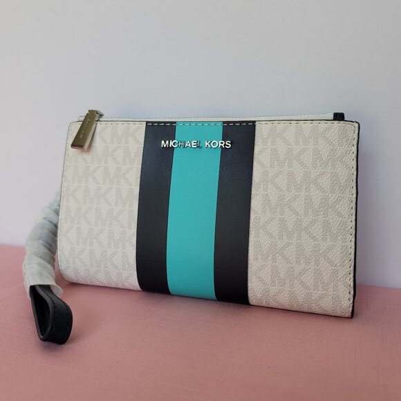 MICHAEL KORS Jet Set Double Zip Signature Phone Wristlet-Ocean Blue Mult 🎈$108⭐ - Picture 4 of 16